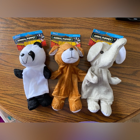 3 NWT Plush Animal Hand Puppets Dog Panda Bear Elephant - Picture 1 of 10